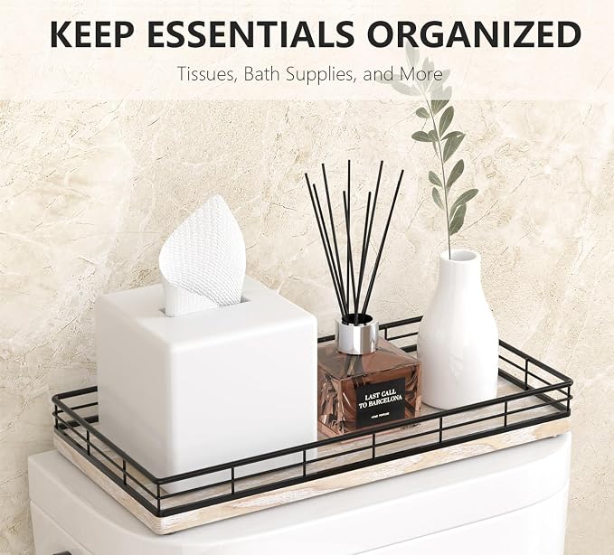 Toilet Paper Basket Organizer, Ash Wood Toilet Tank Tray with Metal Frame | Bathroom Counter Top Storage for Toilet Paper, Wipes & Decor, Modern Narrow Back of Tank Shelf Organizer, Black & Whitewashed