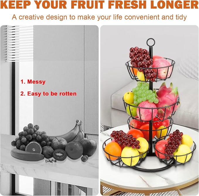 Livabber Fruit Basket Bowl, Metal Fruit Vegetable Storage Basket for Kitchen Counter, Large Capacity Vegetable Holder Rack Detachable Organizer for Bread Snack Produce (Black, 5-Tier Metal Base)