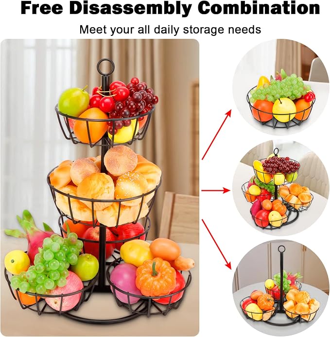 Livabber Fruit Basket Bowl, Metal Fruit Vegetable Storage Basket for Kitchen Counter, Large Capacity Vegetable Holder Rack Detachable Organizer for Bread Snack Produce (Black, 5-Tier Metal Base)