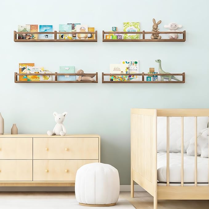 Fixwal Floating Nursery Book Shelves for Wall, 32in, Set of 4, Brown | Solid wood shelves store kids' books, toys and clothing. Fits kids' room, playroom, nursery, living room, bedroom & bathroom.