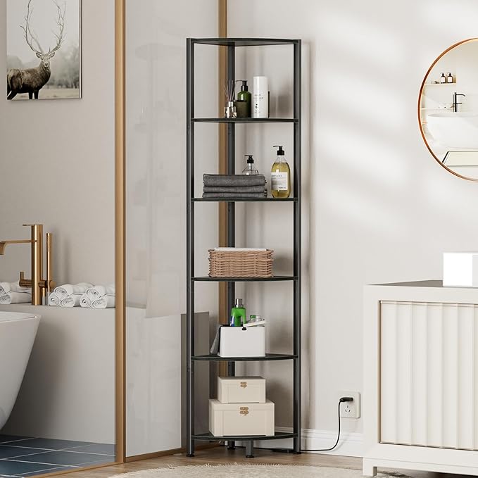 6 Tier Corner Shelf with LED Light, 67.5" Black Narrow Bookshelf | Tall Standing Shelf Organizer, Storage Rack for Wall Corner, Living Room, Bedroom, Metal Frame, Wood Display Shelf
