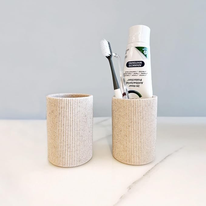 Small Sand Beige Toothbrush Holder for Bathroom Countertop, 7oz | Modern Boho Aesthetic, Vintage Farmhouse Organizer, Pen Holder, Makeup Brush Holder