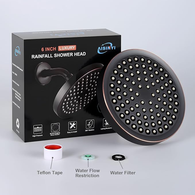 6" High Pressure Rain Shower Head, Luxury Oil Rubbed Bronze Finish | 6 Inch Fixed Bathroom Showerhead, Adjustable Replacement, 90 Anti-Clog Nozzles, Removable Restrictor, Tool-Free Easy Install