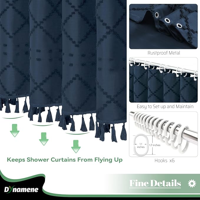 Stall Boho Shower Curtain Tufted Geometric 36"x72" Navy Blue | Narrow Half Size, Elegant Tassel, Soft Lightweight Textured Fabric, Water Repellent, Washable, for Bathroom/Dorm 6 Hooks