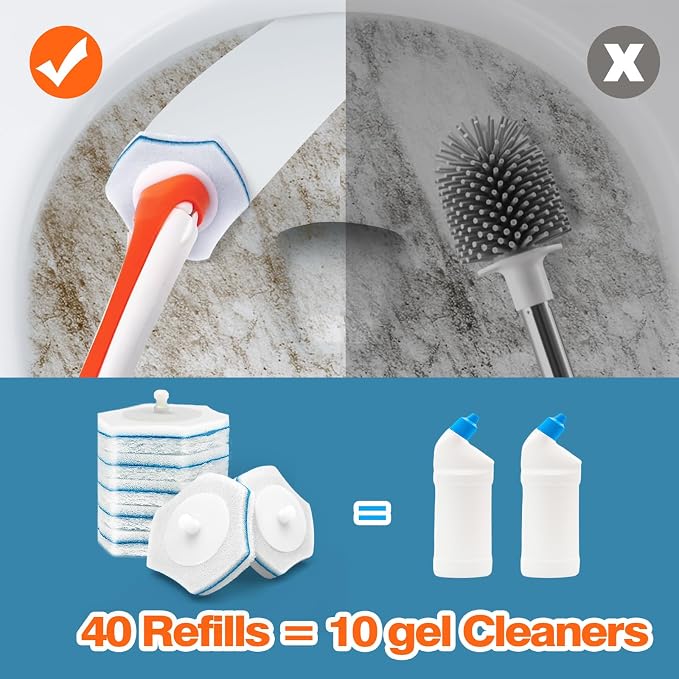 JEHONN Disposable Toilet Bowl Cleaner Wand with 40 Cleaner Refills, Wall Mounted Long Handle Compact Bathroom Scrub Brush Holder Set for Sink Bathtub Wash Basin Mop Pool (Orange)