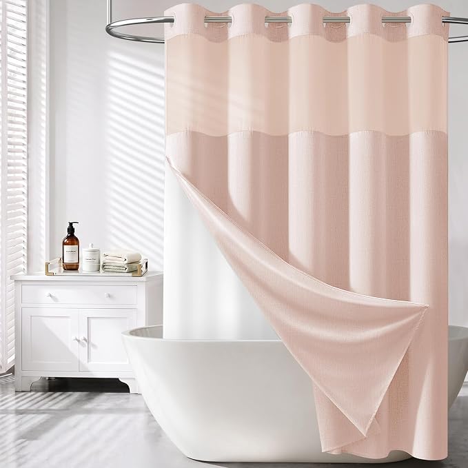 72x87 Ringless Linen Textured Shower Curtain with Snap in Liner, Blush | Extra Long Size, 3 in 1 Durable Fabric Shower Curtain, Removable Liner, Waterproof & Washable, Mesh Top Window, Easy Setup