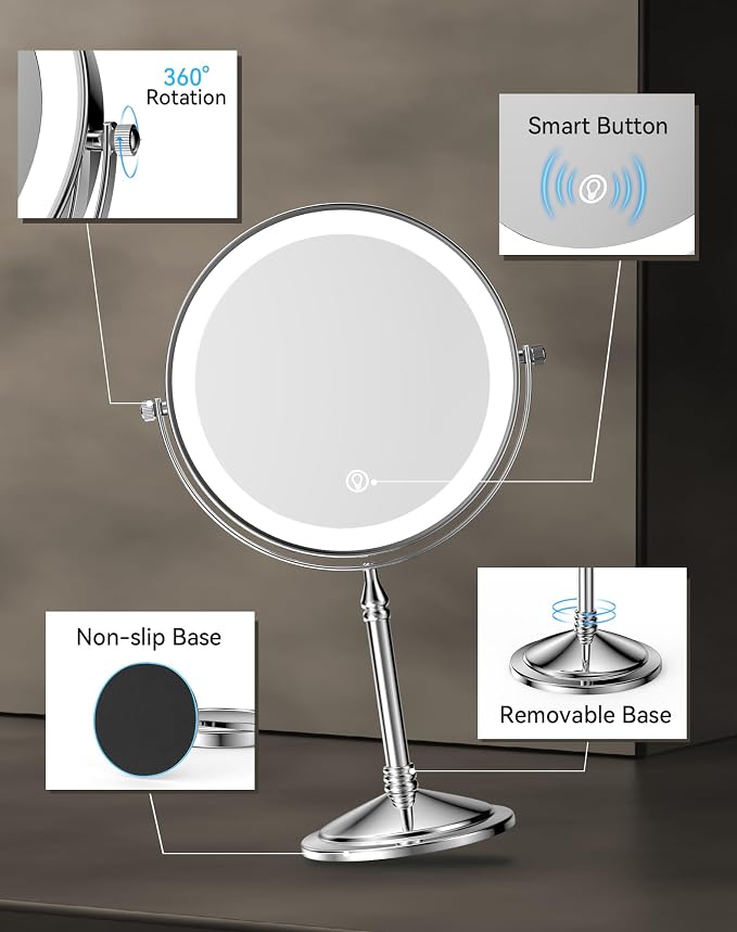 DOWRY 4000 mAh Rechargeable Lighted Makeup Mirror 20x Magnification Vanity Mirror Tabletop Two-Sided Swivel Gifts for Women Wife Mom Teengirls Mothers Day Chrome