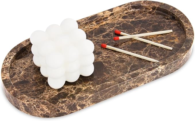 Oval Marble Bathroom Vanity Tray, Dark Brown, 10" x 5" x 0.6" | Natural Luxury Marble, Home Kitchen Bathroom Table Tray, Stone Decorative Countertop Tray, For Coffee Perfume Jewelry
