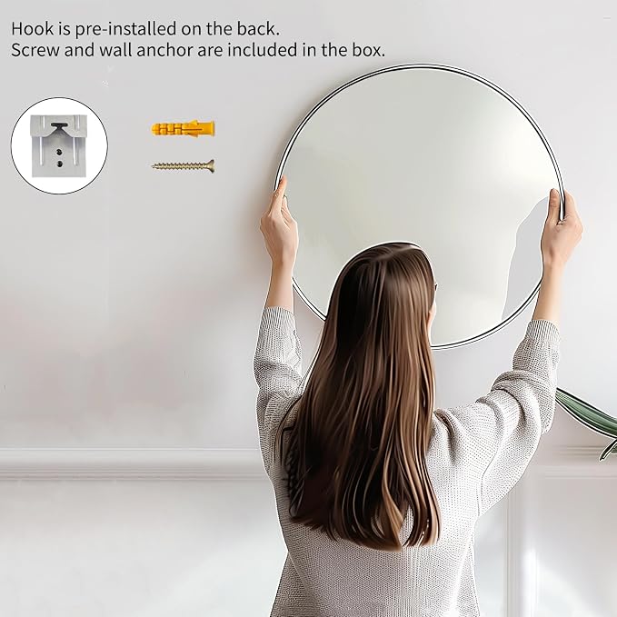 Big Bathroom Mirror 42 inch,Silver Wall Mirror,Brushed Metal Frame | Brushed Silver Metal Frame, High Definition Mirror, Rust-resistant, Circle Mirrors for Living Room, Bedroom, Dressing Room