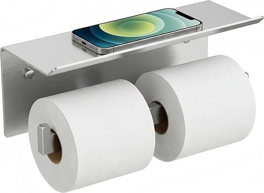 FORIOUS Toilet Paper Holder with Shelf, Commercial Toilet Paper Dispenser | Brushed Nickel | SUS304 Stainless Steel Wall Mount Double Bathroom Tissue Roll Holder for Hotel, Apartments, etc
