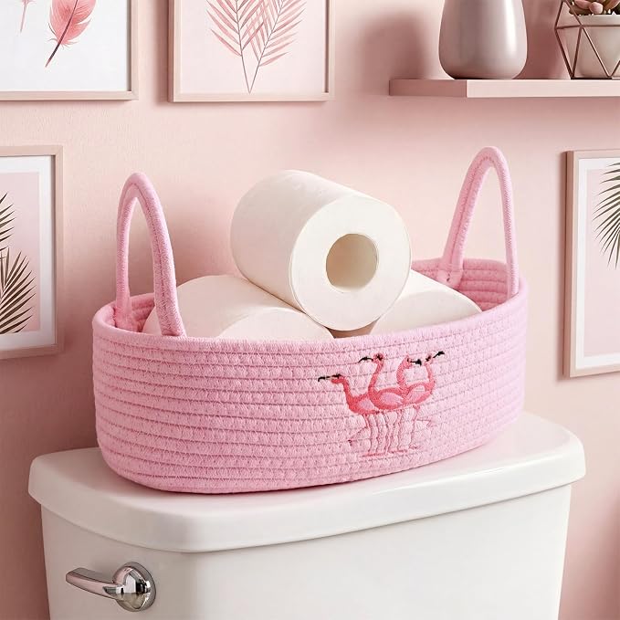 Vesici Pink Flamingo Bathroom Basket Woven Cotton Rope Storage 13x6x4 Inch | Boho Decor Basket for Countertop, Toilet Tank Organizer with Handles, Nursery Toys Storage, Bedroom Decorative Bin