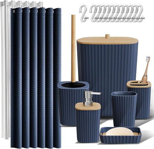 Clara Clark Bathroom Set, Shower Curtain Set, Bathroom Accessory Set | 20 Piece Navy Blue Bathroom Accessories Set with Toothbrush Holder, Soap Dispenser, Soap Dish, Toilet Brush, and Trash Can
