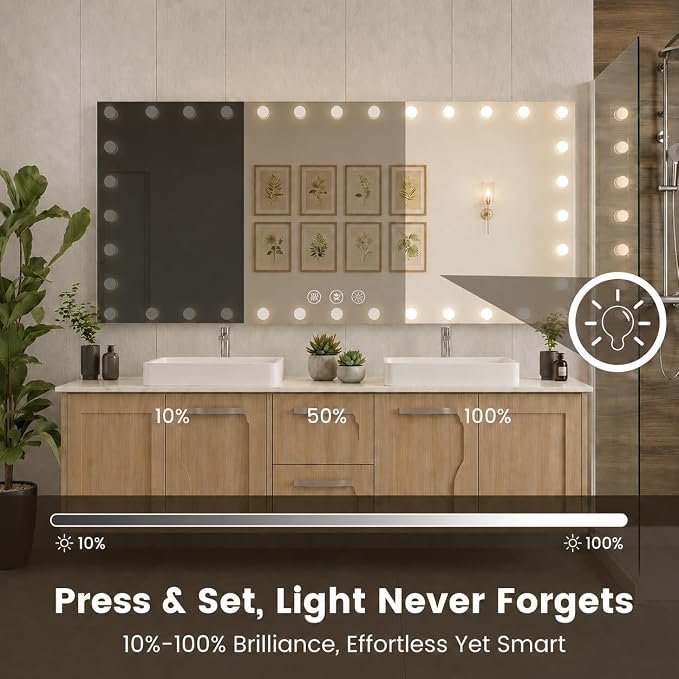 WTTY 84"x40" Hollywood Vanity Mirror with Lights | Wall Mounted Makeup Mirror, 3 Color Temperatures, Stepless Dimmable Bulbs, Anti-fog, Tempered Glass, Shadow-free