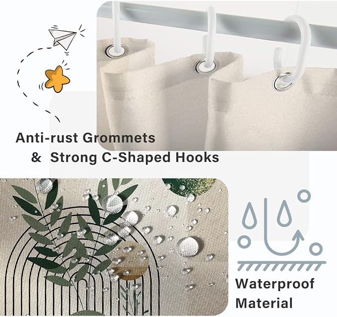 Mid Century Sage Green Stall Shower Curtain with Hooks 48x72 Inch | Waterproof Small Abstract Green and Beige Bathroom Curtain for Shower Stall, Machine Washable