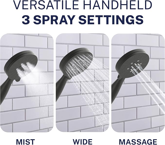 HammerHead Showers® Solid Metal 3-Spray Handheld Shower Head with Long Hose and Holder - MATTE BLACK - 2.5 GPM High Pressure Shower Head with Handheld Sprayer - WIDE, MASSAGE, and MIST Sprays