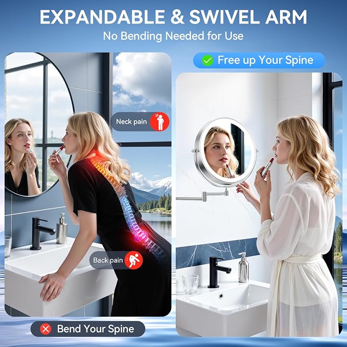 Auxmir 9″ 5000mAh 1X/30X Wall Mounted Lighted Magnifying Makeup Mirror | Power Adapter&2 Tweezers Included/ 3 Dimmable Colors/ Dual Sided Button Control/ Rechargeable/ 360° Rotation Extended Arm