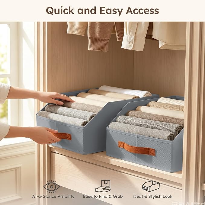 Fabric Storage Bins for Organizing - 4 Pack Large Trapezoid Collapsible Storage Bins with Front Handle, Closet Organizers and Storage for Bedroom, Home Shelves, Small Spaces, Grey