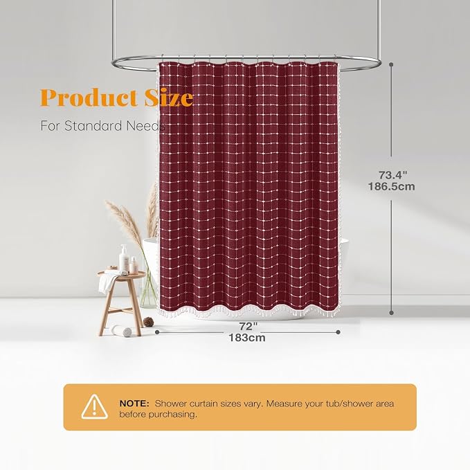 Burgundy Boho Farmhouse Linen Heavy Duty Shower Curtain Set, 72x72 | 330GSM Linen Blend, Classic Plaid, 3-side Tassels, Water Repellent Fabric, 12 Hooks, Rustic Bohemian Style, Machine Washable