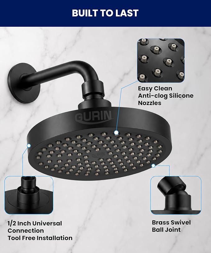 Shower Head - Luxury Matte Black Finish - Rain Showerhead 6 Inch | High Pressure Shower Heads with Adjustable Angles, 90 Anti-Clog Nozzles, Tool-Free 1-Min Install