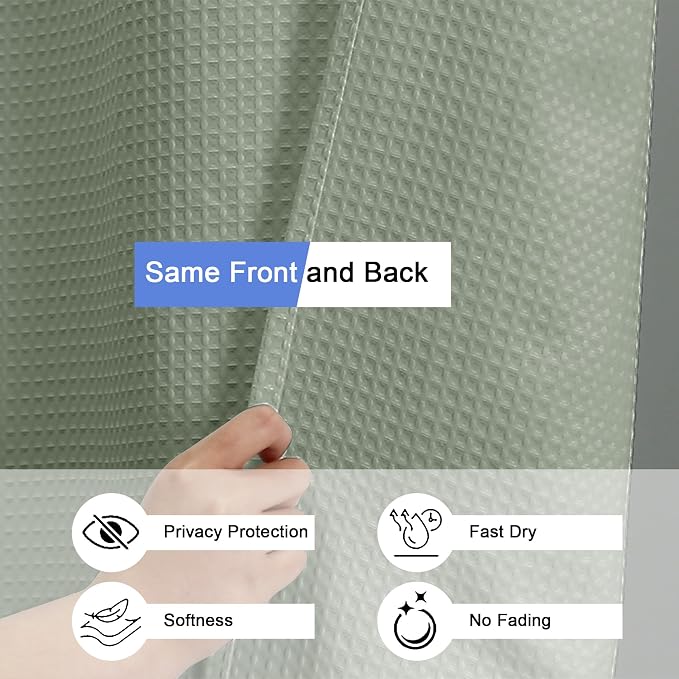 Extra Long Shower Curtain Set - 84 Inch Long Waffle Weave Heavy Duty Cloth Shower Curtain for Bathroom, Luxury Weighted 230GSM Bath Curtain Set with 12 Plastic Hooks, 72x84, Sage Green