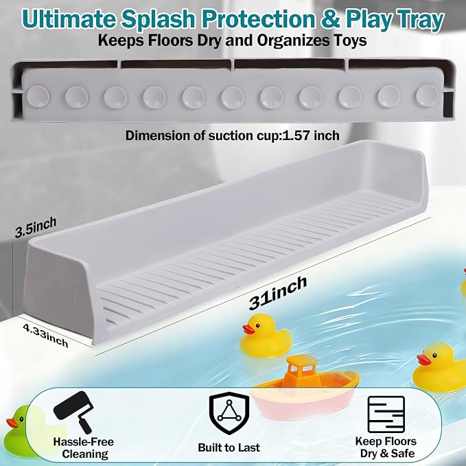 Bathtub Splash Guard for Tub Kids- Silicone Bath Play Shelf | 31" Extra Long Toy Tray & Caddy Holder, Prevent Water Spills & Messy Floors, Tub Edge Guard for Bathroom- Grey