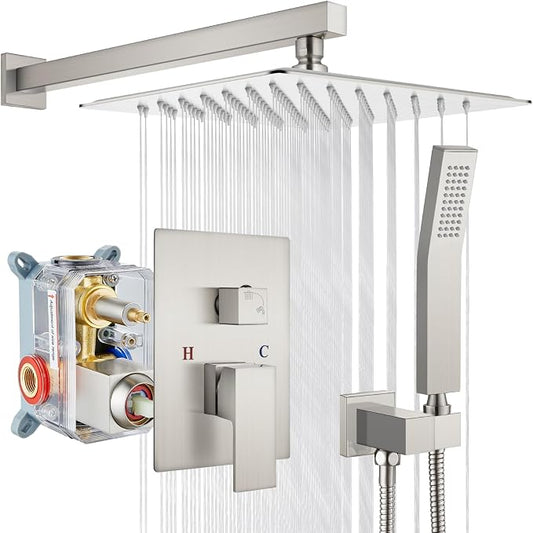 gotonovo Shower Faucet Set with Handheld Spray Brushed Nickel,10'' Head | SUS304 Rainfall Shower Head and Handle Set System Fixture,Pressure Balance Valve Trim Kit,Single Handle,Wall Mount,All Metal
