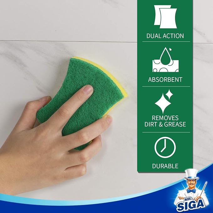MR.SIGA Heavy Duty Cellulose Scrub Sponge, Dual-Sided Dish Sponge, 12 Pack | Heavy duty dishwashing sponges, dish sponges, kitchen sponges, cellulose sponges, sponges for dishes, dish scrubber