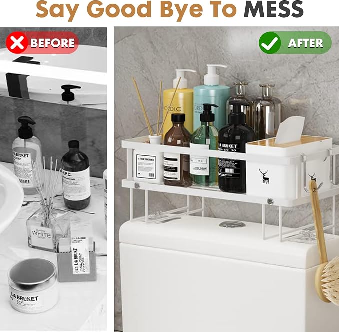 ShellKingdom Over the Toilet Storage Shelf, Toilet Paper Holder Stand Rack | Punch-Free Bathroom Storage Rack with 2 Hooks, Small Space Organizers for Bathroom, Home, White