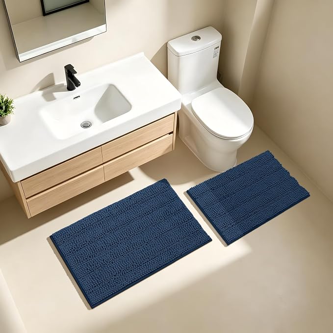 Bcoimo Bath Rug Mat Sets, 2 Piece High Absorbent Chenille Bathroom Mat Navy | Non Slip with Rubber Backing Bathroom Rugs set; Machine Washable;Extra Soft Bath Rug;High Absorbent、Quick Dry Microfiber mat