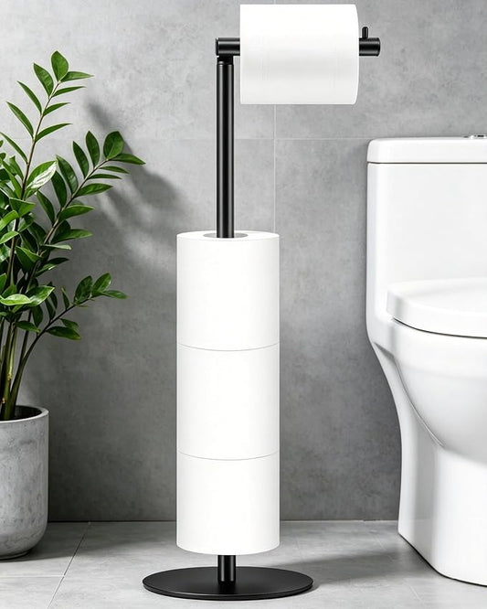 Toilet Paper Holder Stand, Bathroom Toilet Paper Stand with Shelf, Free Standing Toilet Paper Roll Storage Holder for 4 Rolls, Black, Naturous