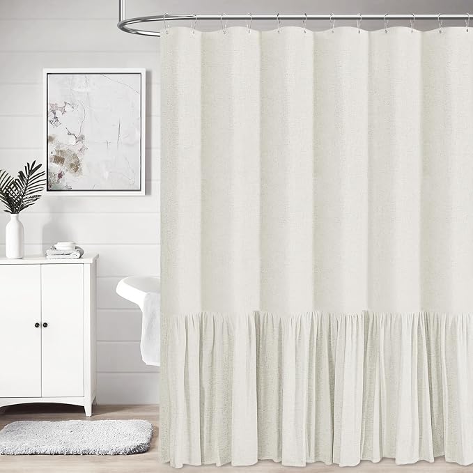 Long Linen Ruffle Farmhouse Cloth Boho Shower Curtain, 72x78, Natural | Ruffle Hem, Heavy Duty Fabric, 12 Hooks, Elegant Drape, Shabby Chic Style, Bathroom Decor, Machine Washable, Easy To Install