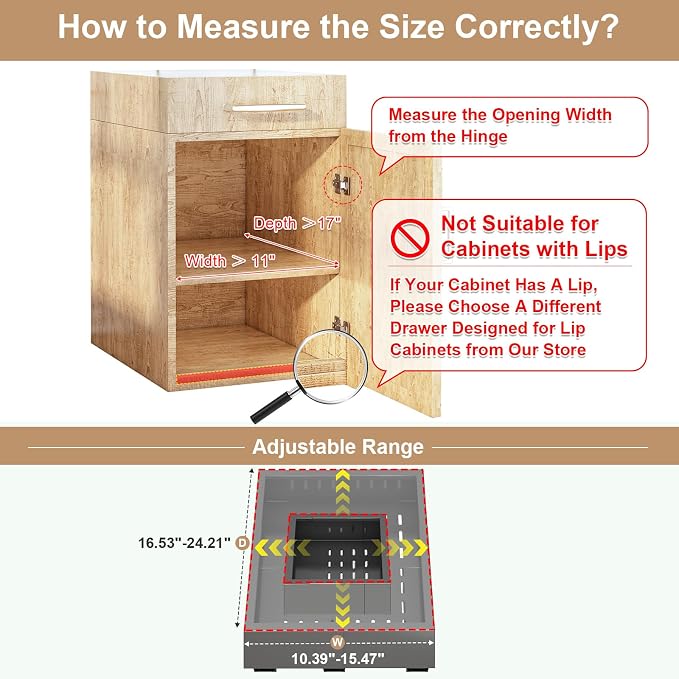 Fokyfok Pull out Cabinet Organizer,11"-16"W,17"-24"D,Expandable,Adhesive | No Drill,3 Rails,Adjustable Slide out Drawers for Kitchen,Pantry,Roll out Shelves,for Cabinets Without Lip,Bathroom,Black,1PC