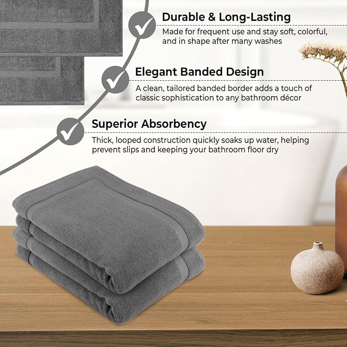 KAHAF COLLECTION Bath Mat Floor Towel Set - Absorbent Cotton Hotel Spa Shower/Bathtub Mats [Not a Bathroom Rug] (Dark Grey, 2 Pack (16"x24"))