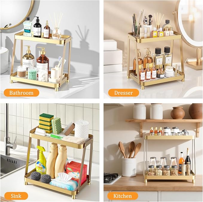 2-Tier Acrylic Bathroom Vanity Organizer, Gold | Bathroom Counter Storage Shelf with Marble-Look Tray, Holds Cosmetics, Perfume, Makeup & Skincare Products