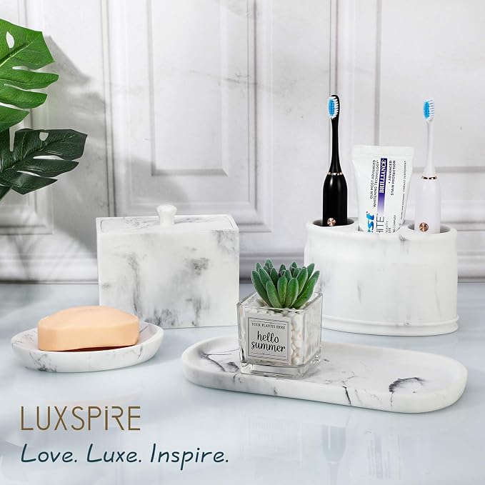 Luxspire Oval Soap Dish, Resin soap Holder for Bathroom, Gravel White | Wooden texture design, Holds bar soap, sponges, and scrubbers, For shower, bathroom, sink, and kitchen use