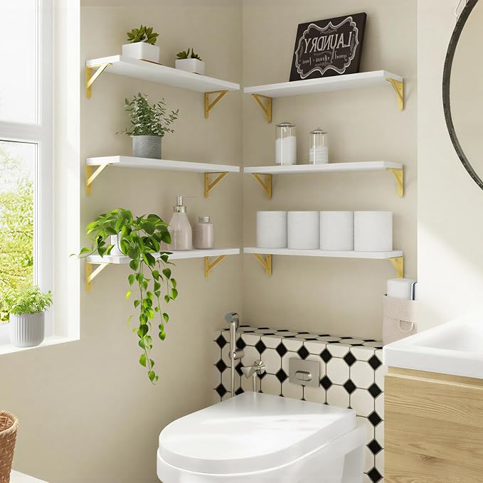 YGEOMER 23.6in Floating Shelves for Wall Home Decor, Wood, White, Set of 6 | Rustic wood shelves with metal brackets. Space-saving for books & decor. Works in bathroom, kitchen, living room & bedroom.
