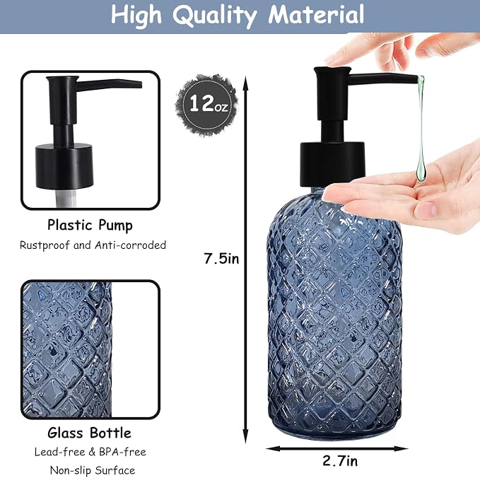 YYTSGG Blue Glass Dish Soap Dispenser for Kitchen, 12oz, 2 Pack | Refillable Liquid Hand Soap Dispenser Set, Crystal Lotion Bottle for Modern Home Decor, Bathroom Countertop, Hotel