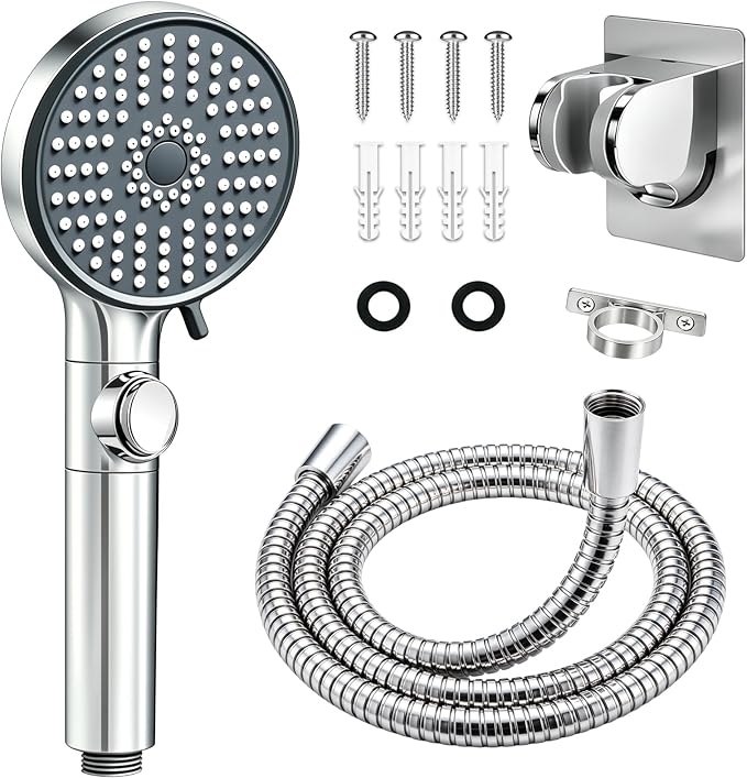 RV Shower Head with Hose, High Pressure Handheld RV Shower Head Replacement with On Off Switch,5 Modes,Power Jet, Camper Showerhead for RV, Travel Trailer, Motorhome,Boat,Silver