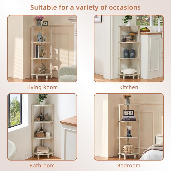 YUFAM 4-Tier Corner Shelf, Grey White | Wooden Corner Bookshelf for Small Spaces, Corner Standing Shelf with Sturdy 5-Leg Base