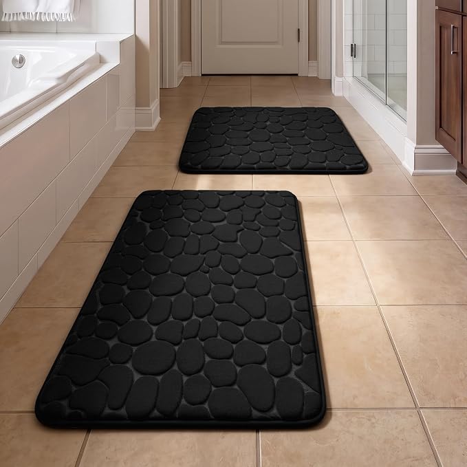 Bathroom Rugs Mat Set, Memory Foam Bath Mat 2 Piece Black | 17x24&20x32, Non Slip, Water Absorbent, Washable, Bath Mat For Bathroom, Sink and Toilet