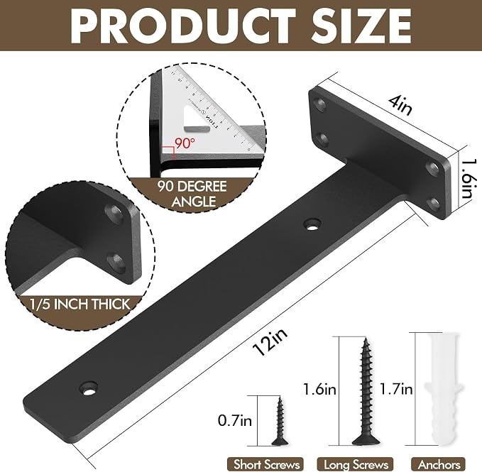 6 Pack Heavy Duty Metal Shelf Brackets 12 inch Long,Black | L-Shaped Wall Shelf Bracket Hidden & Decorative Shelf Bracket,1/5”-Thick,150 lbs of weight capacity