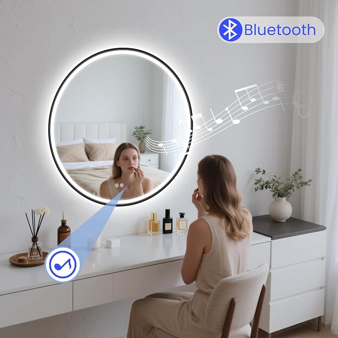 STARLEAD 32" Black Frameless Round LED Bathroom Mirror with Bluetooth Speaker, Dimmable Lighting, 3 Color Modes, Anti-Fog, Touch Control Wall Mounted Vanity Mirror