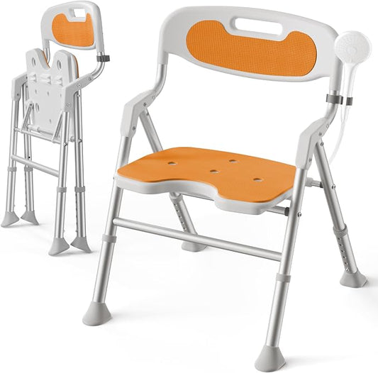 Folding Shower Chair for Inside Shower, Wide Seat, Arms & Back for Elderly | 400 lb Heavy-Duty Support, Space-Saving Fold, Lightweight, Adjustable for Better Fit, Non-Slip Rubber Feet, FSA/HSA, Orange