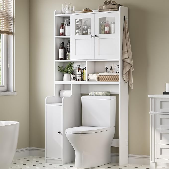 Itaar Over The Toilet Storage Cabinet, Over Toilet Bathroom Organizer with Glass Doors & Toilet Paper Holder Stand, Home Space-Saving Toilet Rack, for Bathroom, Restroom, Laundry(White)