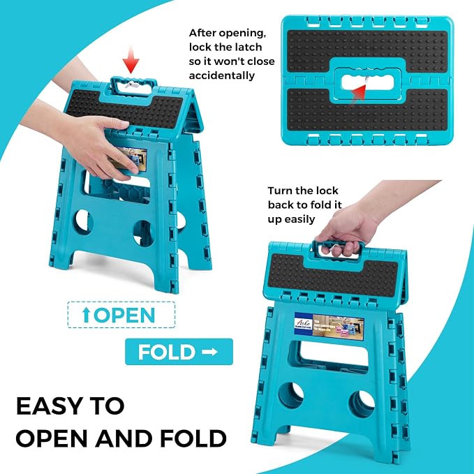 ACKO 13" Folding Step Stool, Non-Slip Surface for Adults & Kids, Dot Blue | Collapsible Heavy Duty Foldable Stools, Portable Foot Stepping Stool Holds 300 lbs, Kitchen Bathroom Outdoor, with Handle