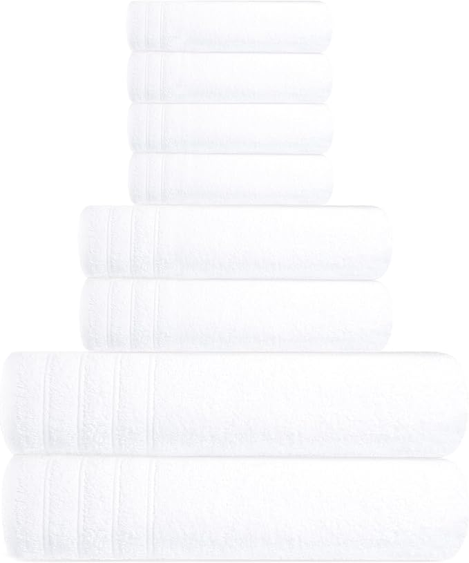 8 Piece Towel Set, 2 XL Bath, 2 Hand, 4 Washcloth, White | 100% Cotton, Lighter Weight, Quicker to Dry, Super Absorbent, Perfect for Bathroom