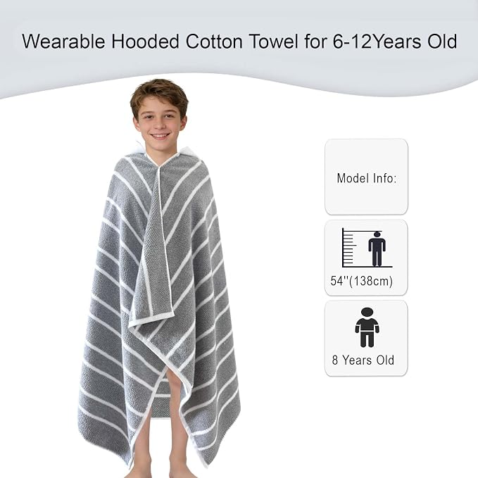 VOOVA & MOVAS Large Hooded Towels for Kids,6-12 Years,100% Cotton | 65X34 Inch,Gray White Stripe,Thick,Soft, Absorbent, Quick-Drying, Beach/Pool/Swim Essentials