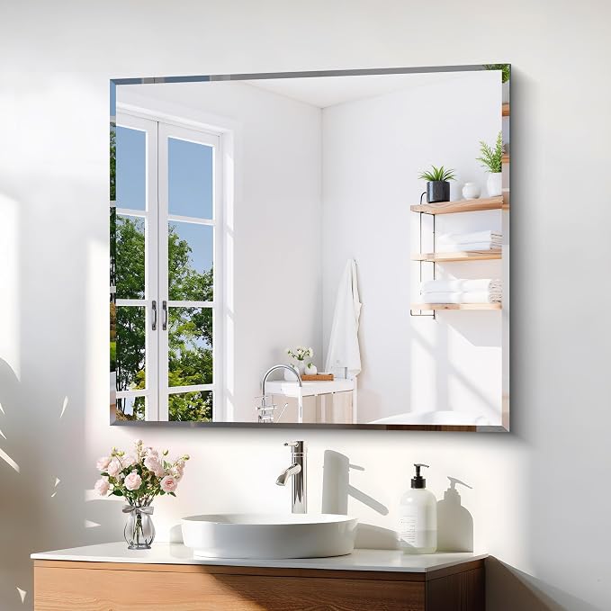KOCUUY Beveled Mirror, 40x36 Inch Large Frameless Bathroom Mirror for Over Sink, Upgraded Shatterproof Beveled Unframed Design Mirror for Bathroom, Bedroom, Hang Horizontal/Vertical