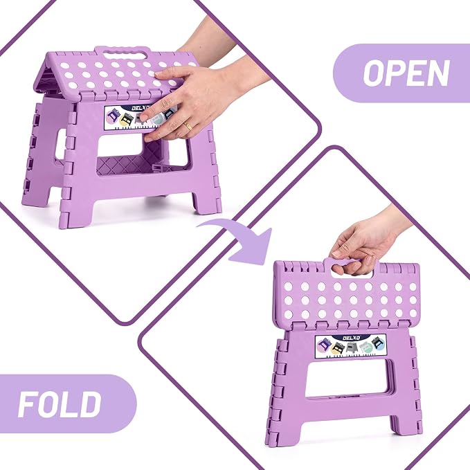 Delxo 9 Inch Kids Step Stool,300 Lbs Folding Step Stool for Toddler Purple | Foldable Step Stool,Non-Slip Foot Stools with Handle, Lightweight Collapsible Stool for Kitchen,Bathroom,Bedroom,Garden