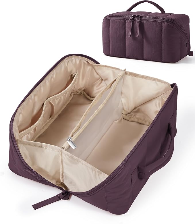 BAGSMART Puffy Travel Makeup Bag Toiletry Bag for Women, Burgundy Purple | Open Flat, Portable, Make Up Organizer, Water-resistant, Puffy Padded, For Toiletries, Brushes